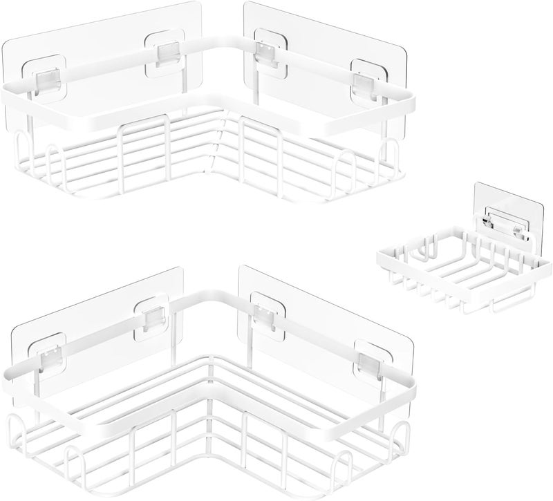 Moforoco Corner Adhesive Shower Caddy, with Soap Holder and 12 Hooks, Rustproof Stainless Steel Bathroom Organizer, No Drilling Wall Mounted Rack, Black, 3-Pack(White) - Image 1